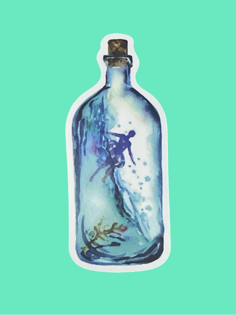 Underwater Bottle Sticker Blue Green Diver Design